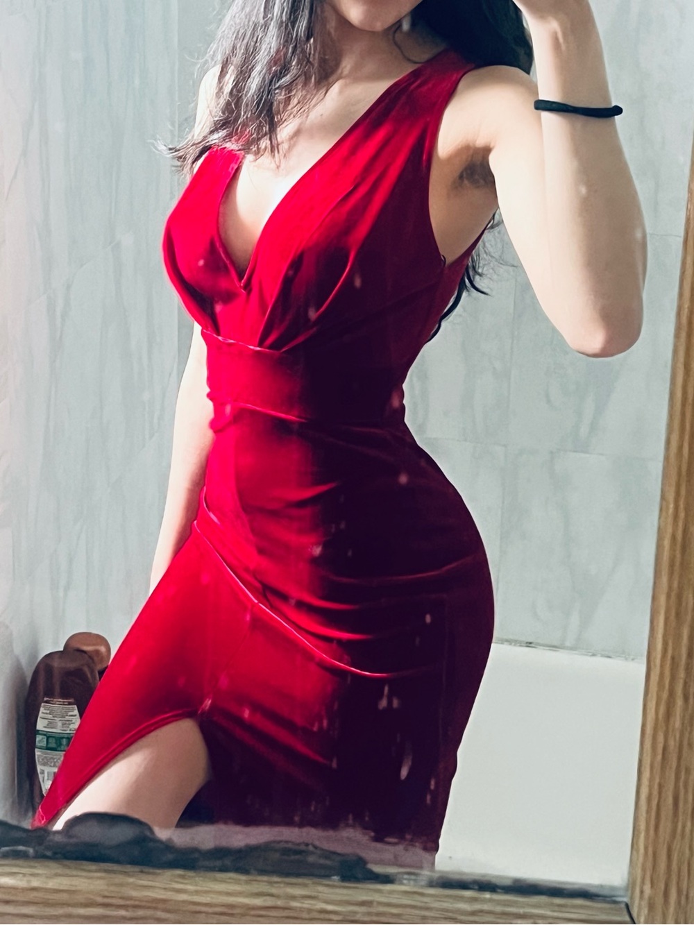 Guess Red Velvet V-Neck Bodycon Dress